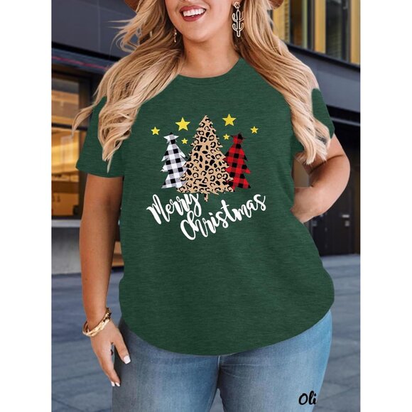 Women Plus Size Christmas Leopard Tree T-Shirt Short Sleeve Holiday Top - Picture 2 of 7